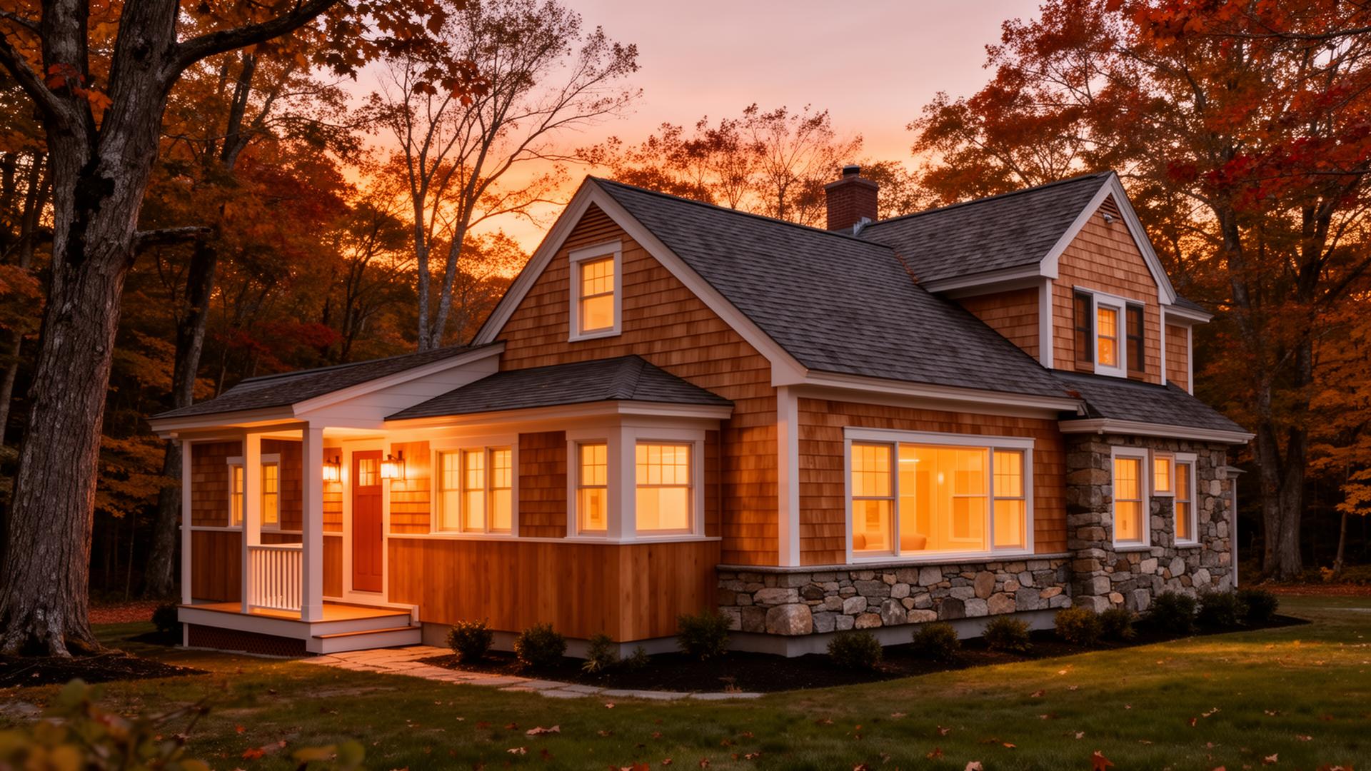 Attached in-law suite addition on a Southern New Hampshire colonial home at dusk