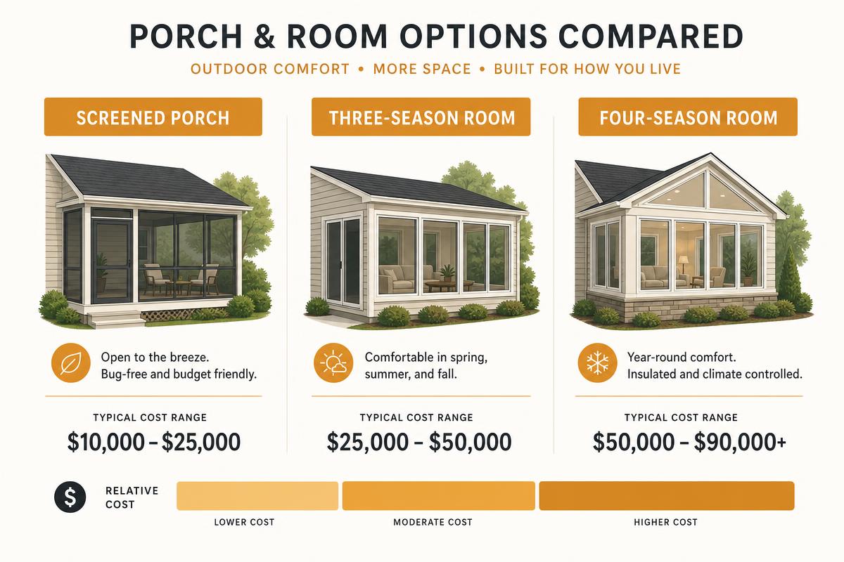 Cost comparison chart of a screened porch, a three-season room, and a four-season room with typical price ranges