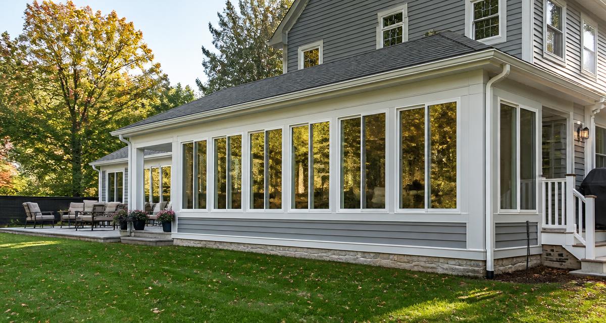 Wide exterior view of a three-season sunroom addition with gray siding, white window trim, and a full wall of glass on a New England home